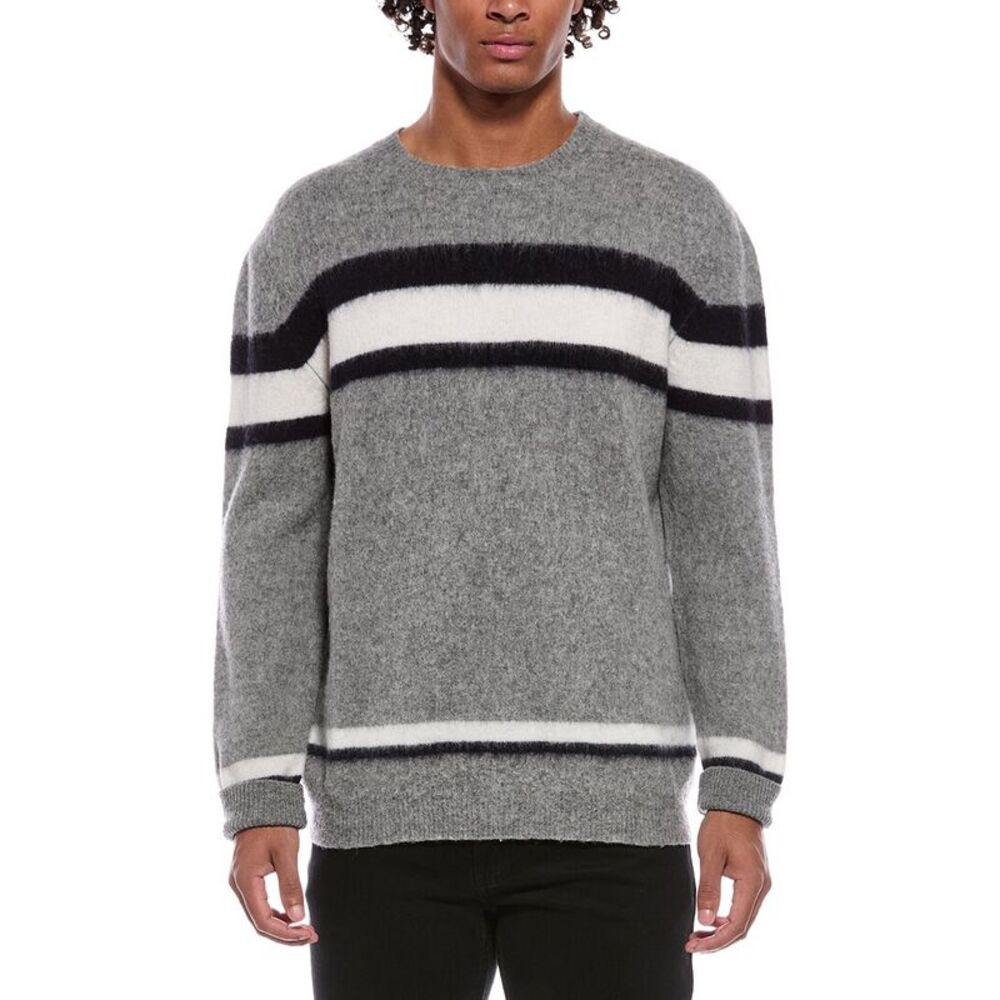 Slowear Mens Virgin Wool Stripe Crewneck Sweater, Gray